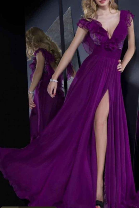 A-line Purple Cap Sleeves Floor-length Split Ruffles Chiffon Prom Dress Party Dresses