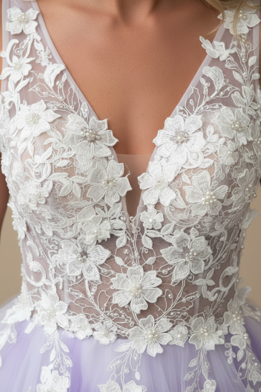 A-Line Purple Tulle V-neck Floor Length Prom Dress with White Appliques
