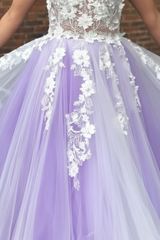 A-Line Purple Tulle V-neck Floor Length Prom Dress with White Appliques