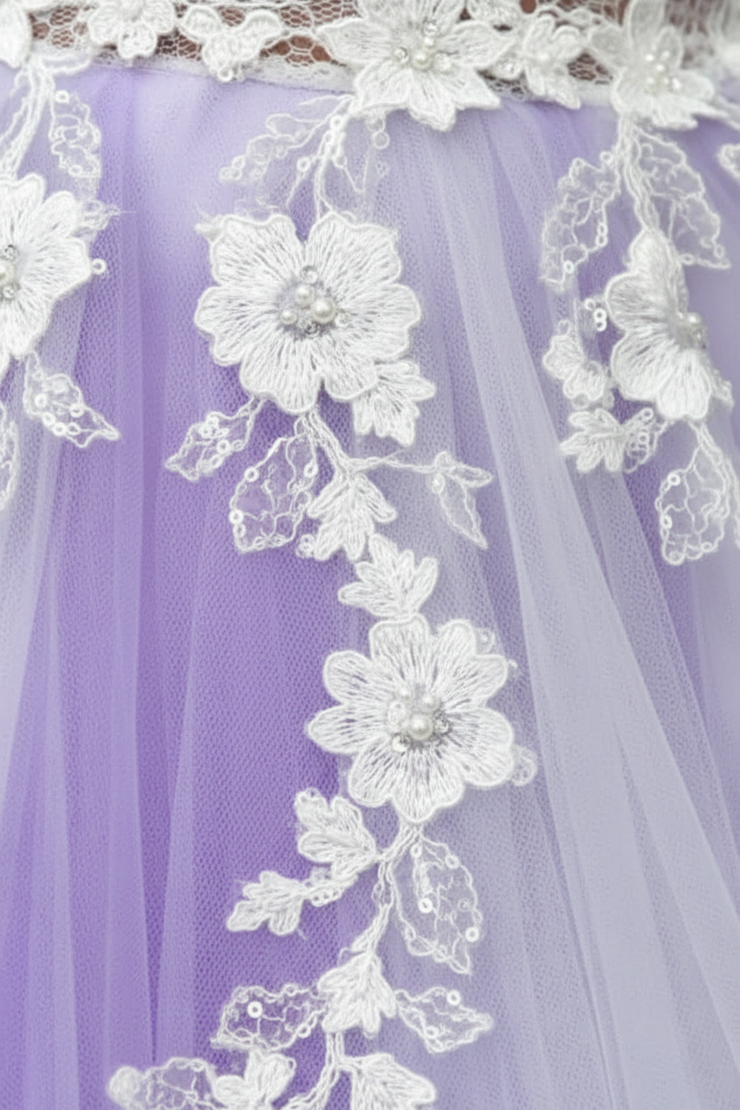 A-Line Purple Tulle V-neck Floor Length Prom Dress with White Appliques