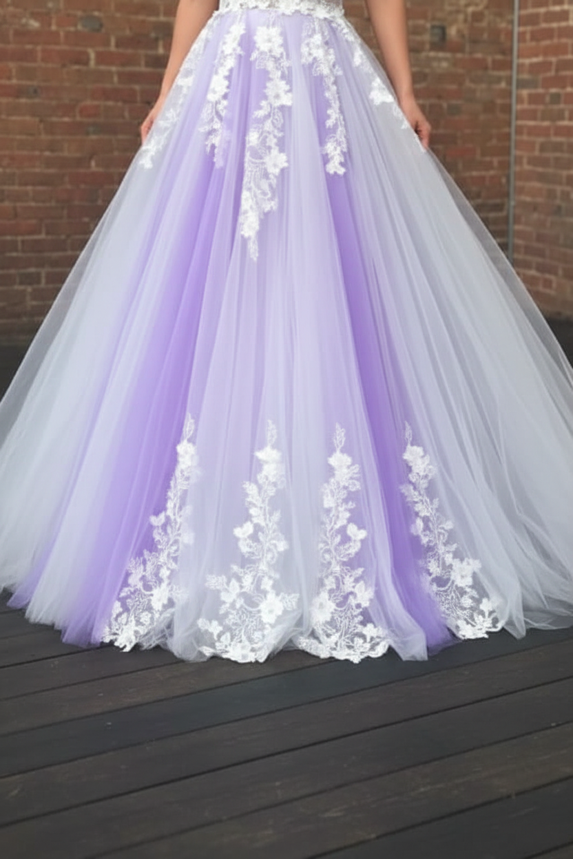 A-Line Purple Tulle V-neck Floor Length Prom Dress with White Appliques