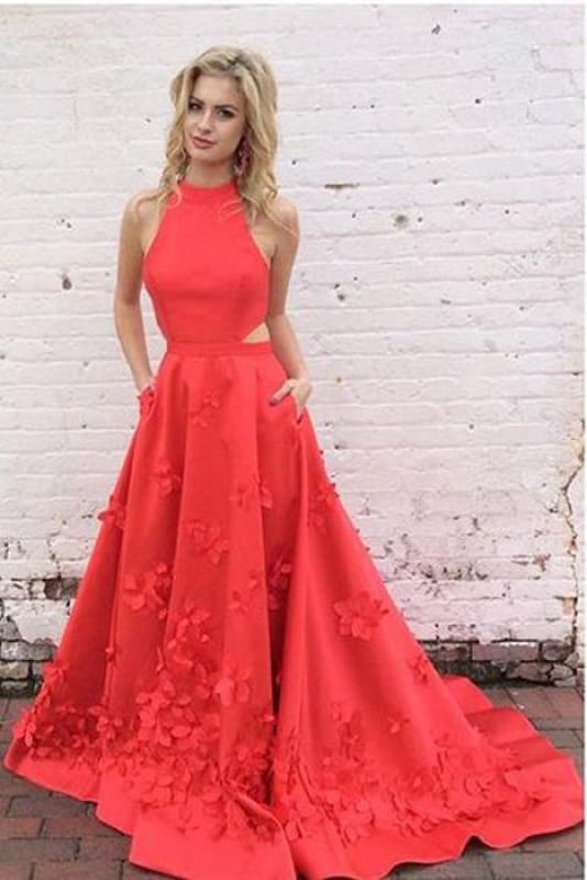 A-Line Red Jewel Keyhole Back Sleeveless Sweep Train Satin Prom Dress with Appliques