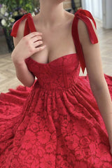 A Line Red Lace Tea Length Prom Dress with Pocket Vintage Sleeveless Formal Dress