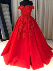 A-line Red Off the Shoulder Prom Dress with Lace Appliques Long Tulle Evening Gown