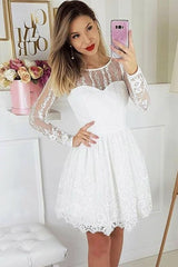 A-Line Round Neck Long Sleeves White Lace Homecoming Party Short Dress