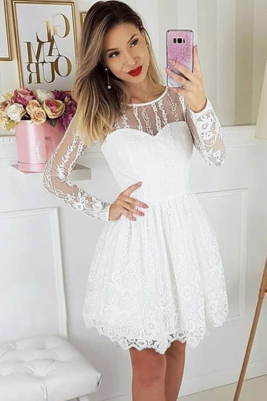 A-Line Round Neck Long Sleeves White Lace Homecoming Party Short Dress