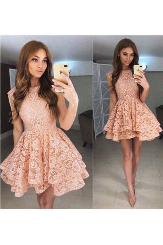 A-Line Round Neck Mini Prom Cute Lace Short Homecoming Dress