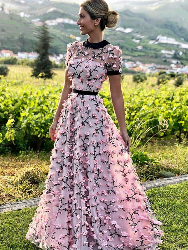 A Line Round Neck Short Sleeves Prom Dress with 3D Flowers Pink Formal Graduation Dress