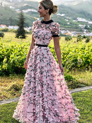 A Line Round Neck Short Sleeves Prom Dress with 3D Flowers Pink Formal Graduation Dress