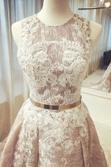 A-line Round Neck Sleeveless Ruched Lace Long Prom with Belt Wedding Dress