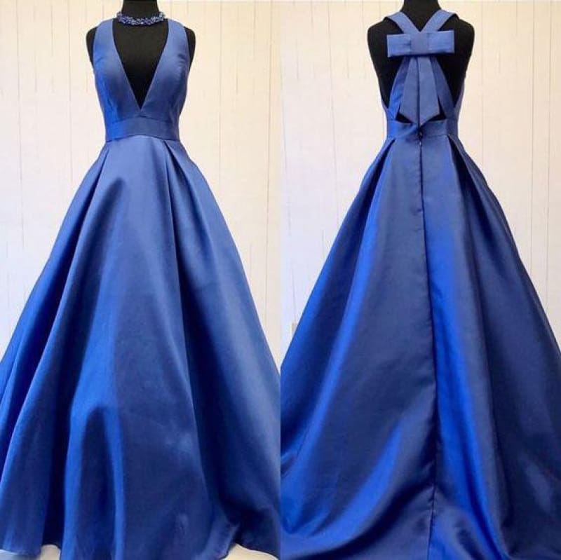 A-line Royal Blue Deep V-neck Sleeveless Long Prom Gown with Bowknot