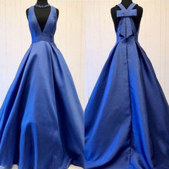 A-line Royal Blue Deep V-neck Sleeveless Long Prom Gown with Bowknot