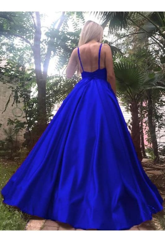 A-Line Royal Blue Spaghetti Straps Satin Prom Dress with Pleats Graduation Gown