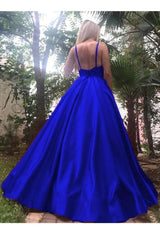 A-Line Royal Blue Spaghetti Straps Satin Prom Dress with Pleats Graduation Gown