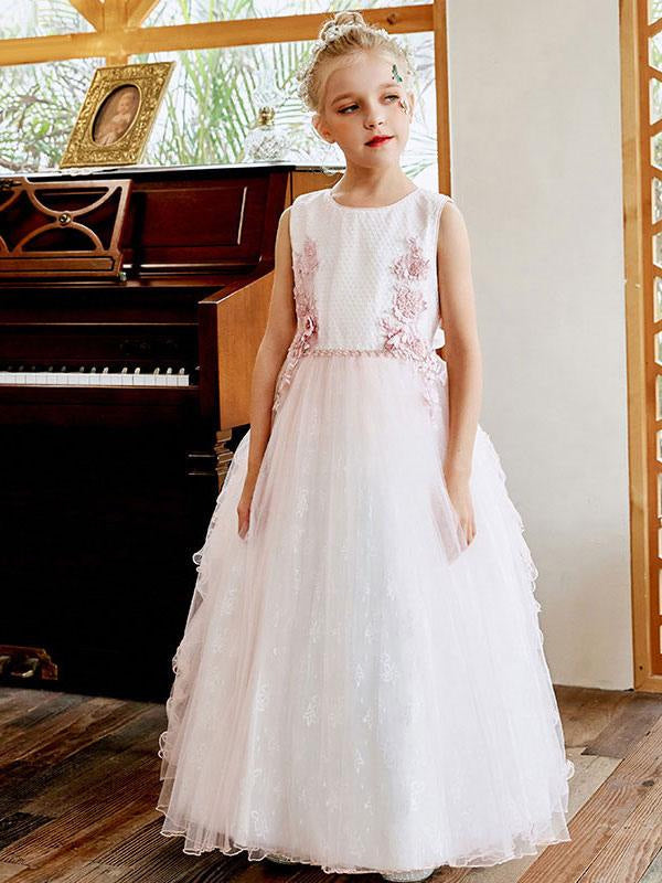 A-Line Sash Flower Girl Dresses Jewel Neck Lace Sleeveless Kids Social Party Dresses
