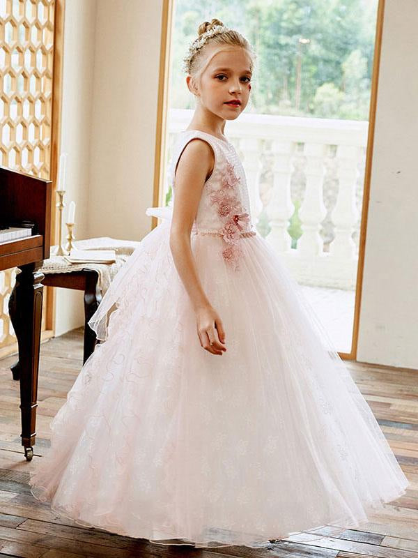 A-Line Sash Flower Girl Dresses Jewel Neck Lace Sleeveless Kids Social Party Dresses
