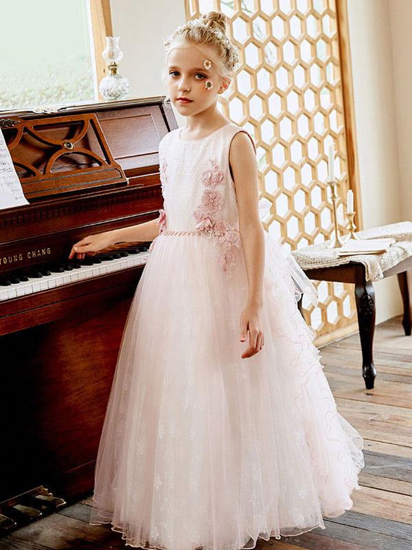 A-Line Sash Flower Girl Dresses Jewel Neck Lace Sleeveless Kids Social Party Dresses