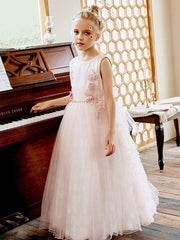 A-Line Sash Flower Girl Dresses Jewel Neck Lace Sleeveless Kids Social Party Dresses