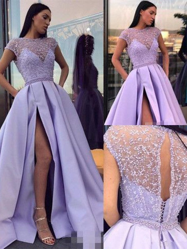 A-Line Satin Beading Short Sleeves Special Occasion Dresses