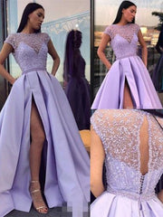 A-Line Satin Beading Short Sleeves Special Occasion Dresses