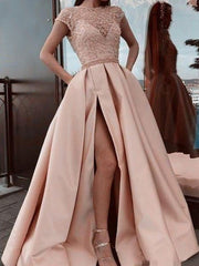 A-Line Satin Beading Short Sleeves Special Occasion Dresses
