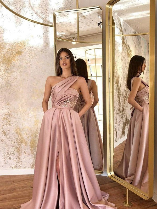 A-Line Satin Sleeveless Ruched One-Shoulder Sweep/Brush Train Dresses