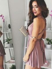 A-Line Satin V-neck Sleeveless Mini Hmecoming Dresses With Sash