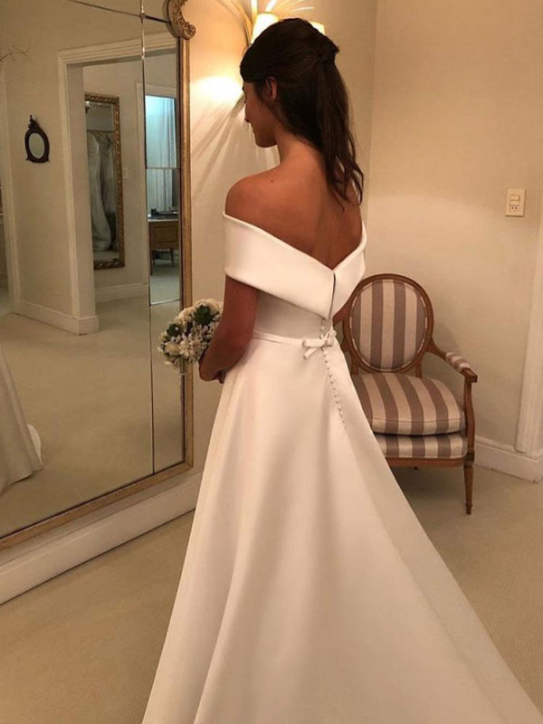 A Line Satin Wedding Dresses Off The Shoulder Traditional Bridal Gowns