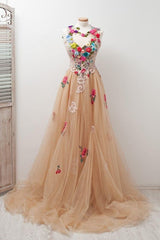 A-line Scoop Sleeveless Open Back Appliques Tulle Prom Dress with Hand-Made Flowers