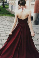 A-line Sexy Halter Sleeveless Dark Red Illusion Bodice Long Prom Dress with Lace