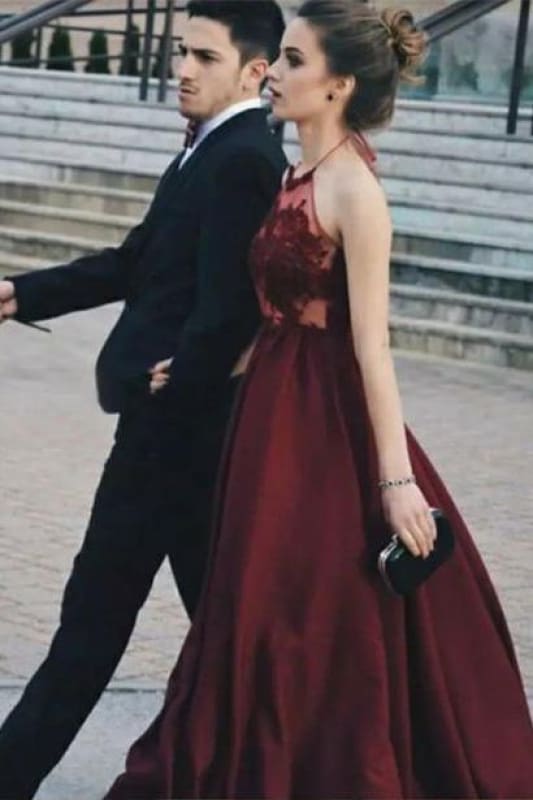 A-line Sexy Halter Sleeveless Dark Red Illusion Bodice Long Prom Dress with Lace
