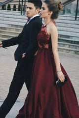 A-line Sexy Halter Sleeveless Dark Red Illusion Bodice Long Prom Dress with Lace