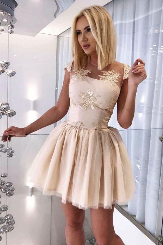 A-Line Sheer Neck Cap Sleeves Open Back Short Homecoming Dress with Appliques