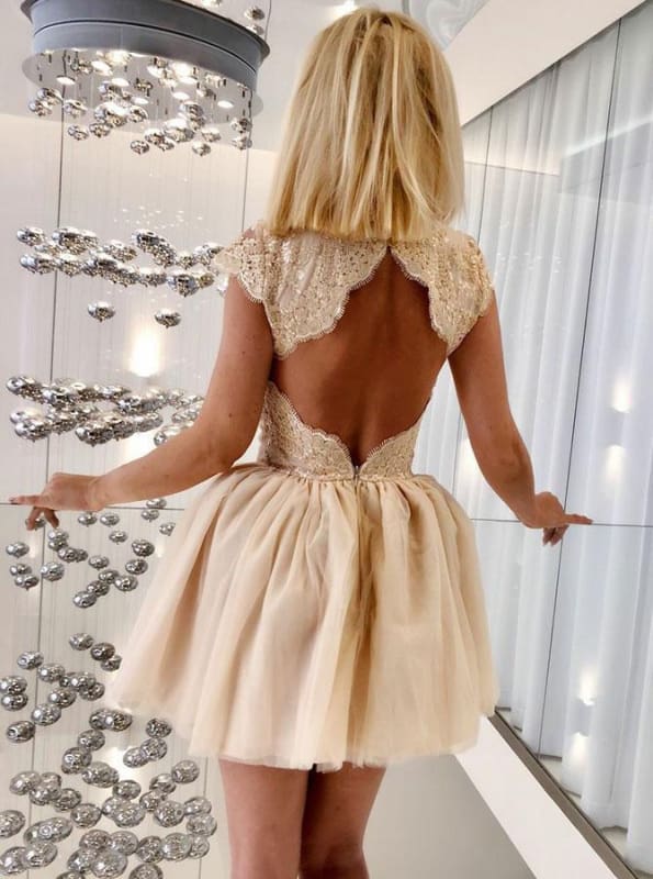 A-Line Sheer Neck Cap Sleeves Open Back Short Homecoming Dress with Appliques