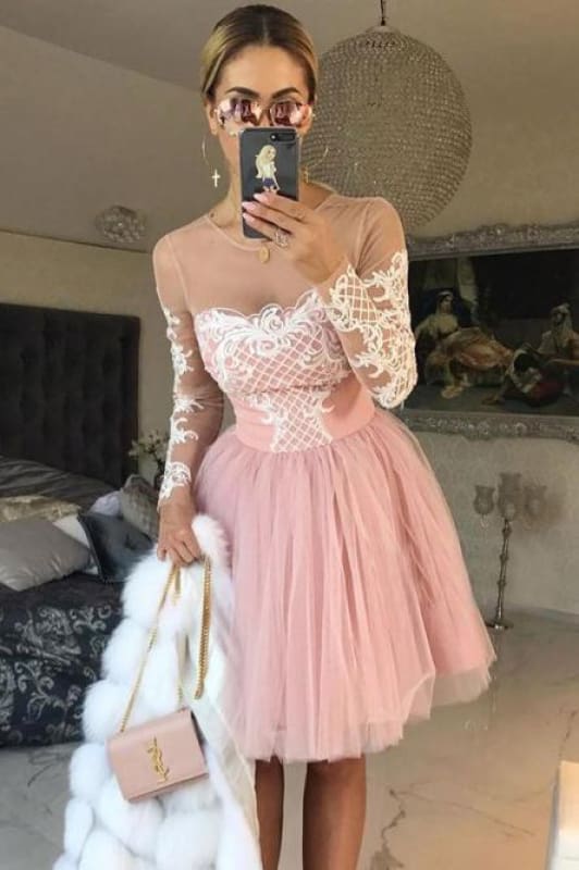 A-Line Sheer Neck Long Sleeves Pink Tulle Homecoming Cocktail Dress with Appliques