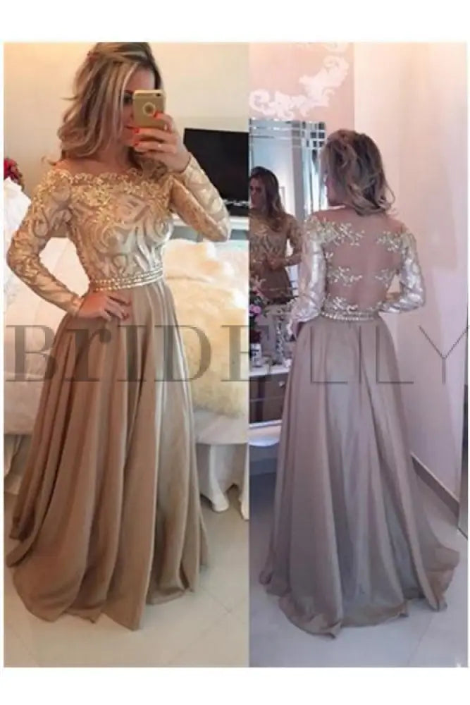 A-Line Sheer Neckline Prom Dresses Floor Length Long Sleeves Evening Dress
