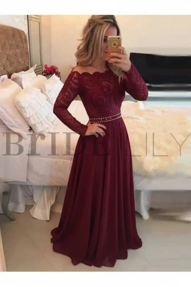 A-Line Sheer Neckline Prom Dresses Floor Length Long Sleeves Evening Dress