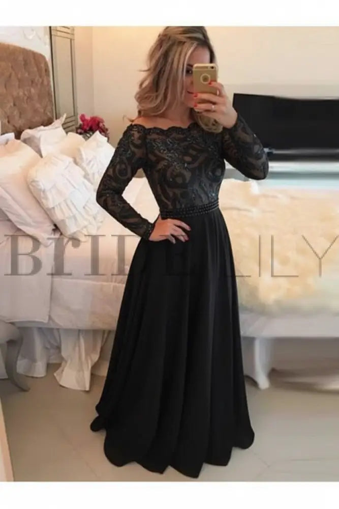 A-Line Sheer Neckline Prom Dresses Floor Length Long Sleeves Evening Dress