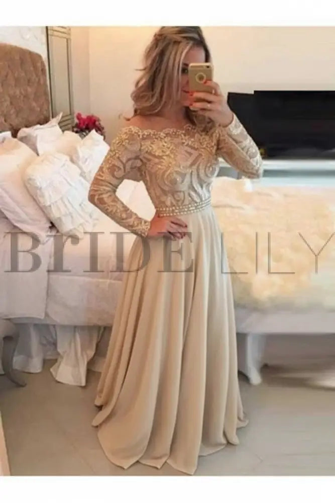A-Line Sheer Neckline Prom Dresses Floor Length Long Sleeves Evening Dress