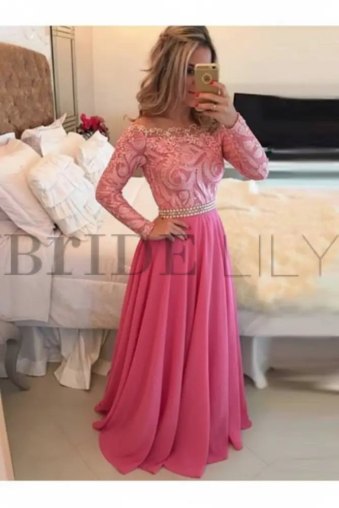 A-Line Sheer Neckline Prom Dresses Floor Length Long Sleeves Evening Dress