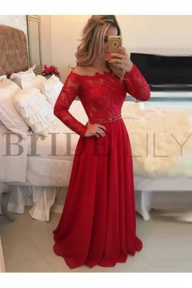 A-Line Sheer Neckline Prom Dresses Floor Length Long Sleeves Evening Dress