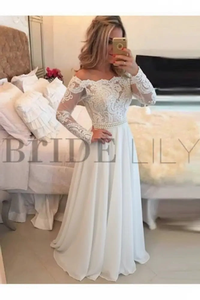 A-Line Sheer Neckline Prom Dresses Floor Length Long Sleeves Evening Dress