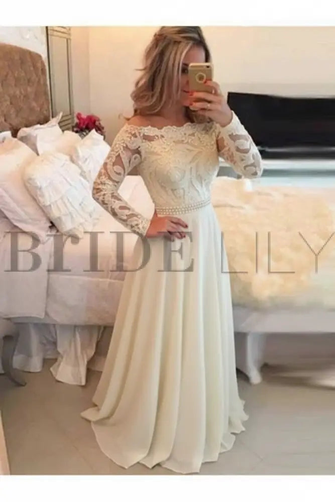 A-Line Sheer Neckline Prom Dresses Floor Length Long Sleeves Evening Dress