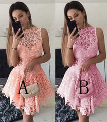 A-Line Short Dropped Pink Homecoming Mini Sleeveless Lace Cocktail Dress