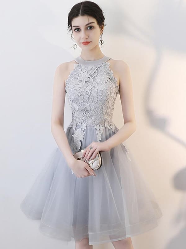 A Line Short Gray Lace Prom with Appliques, Gray Lace Formal Graduation Homecoming