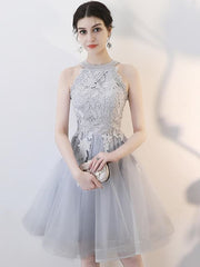 A Line Short Gray Lace Prom with Appliques, Gray Lace Formal Graduation Homecoming