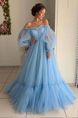 A Line Sleeve Off the Shoulder Long Prom Blue Tulle Floor Length Formal Dress