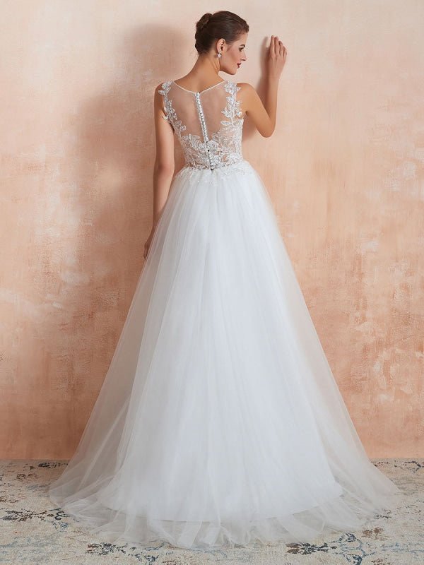 A Line Sleeveless Lace Floor Length Tulle Wedding Dress With Train
