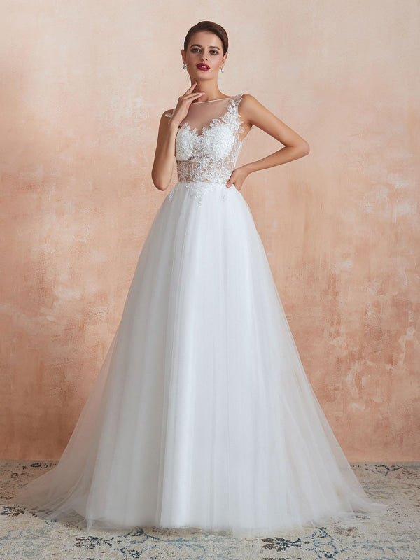 A Line Sleeveless Lace Floor Length Tulle Wedding Dress With Train