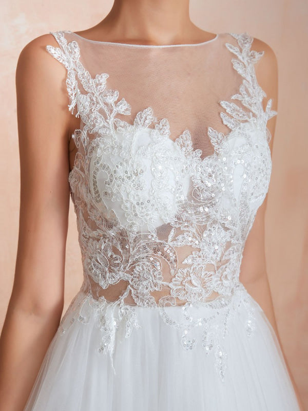 A Line Sleeveless Lace Floor Length Tulle Wedding Dress With Train
